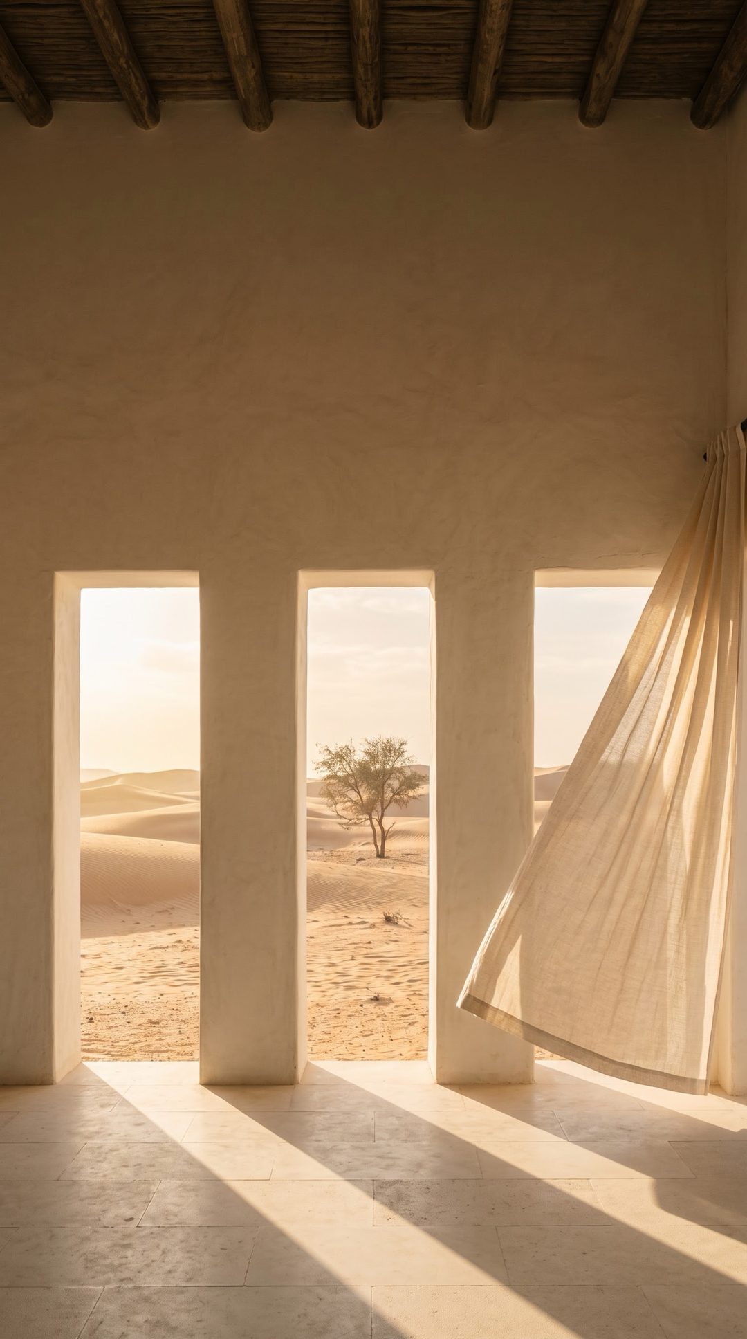 Three tall openings on the dunes, a linen curtain lifted by the wind